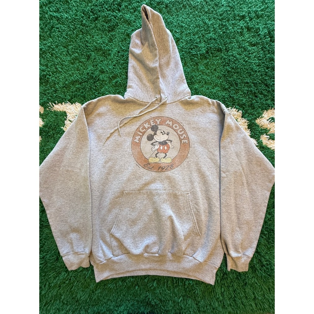 Disney Mickey Mouse Hoodie Mens L Gray Excellent Vintage Style Graphic Hanes